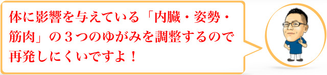 体に影響を与えている「内臓・姿勢・筋肉」の３つのゆがみを調整するので再発しにくいですよ！